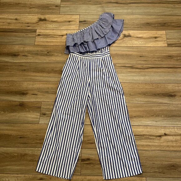 J. Crew One Shoulder Ruffle Jumpsuit SZ 6 Blue White Stripe Romper Wide Leg - Picture 1 of 10